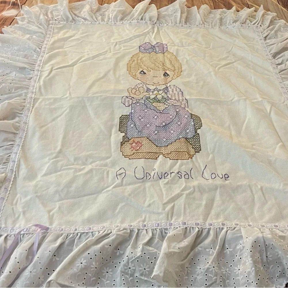 Vintage Precious Moments Handmade Cross stitched Baby Blanket w/ Eyelet Ruffle - Picture 14 of 14